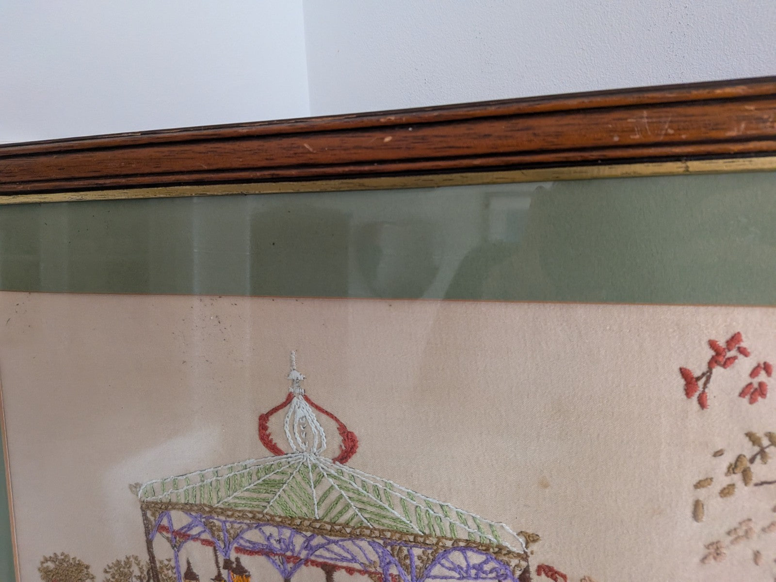 Vintage Cross Stitch Victorian Band Stand Play Framed Embroidery Crewel Large