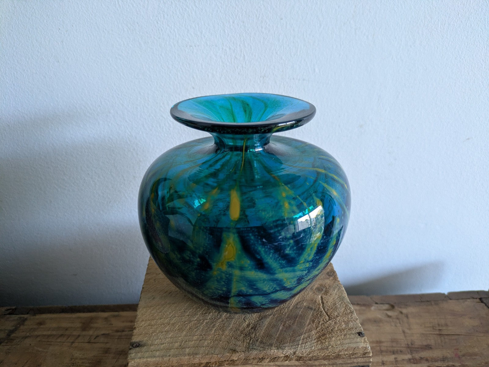 SIGNED Mdina 'Roman' Maltese Blue & Yellow Glass Squat VaseChevron 1970s VTG 