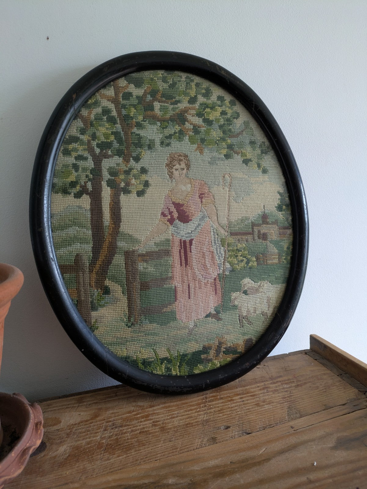 Antique Oval Vintage Framed Handmade Wool Needlepoint Tapestry Shepherdess Sheep