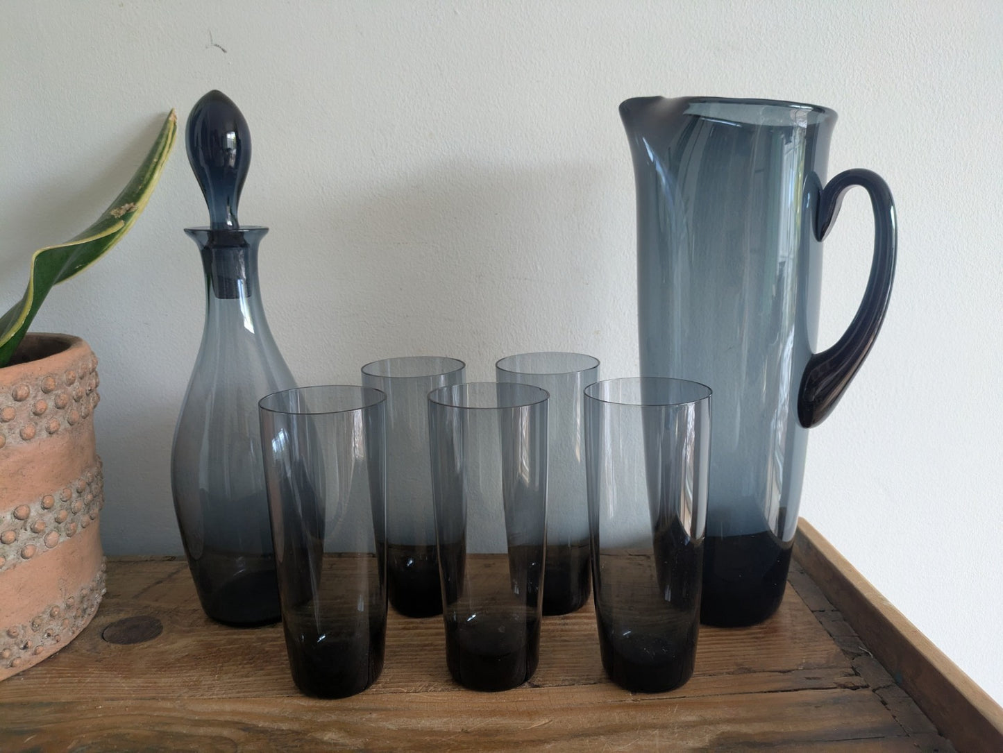 Vintage Italian Smokey Blue Decanter Pitcher Jug Glasses Hand Blown Set Mid Cent