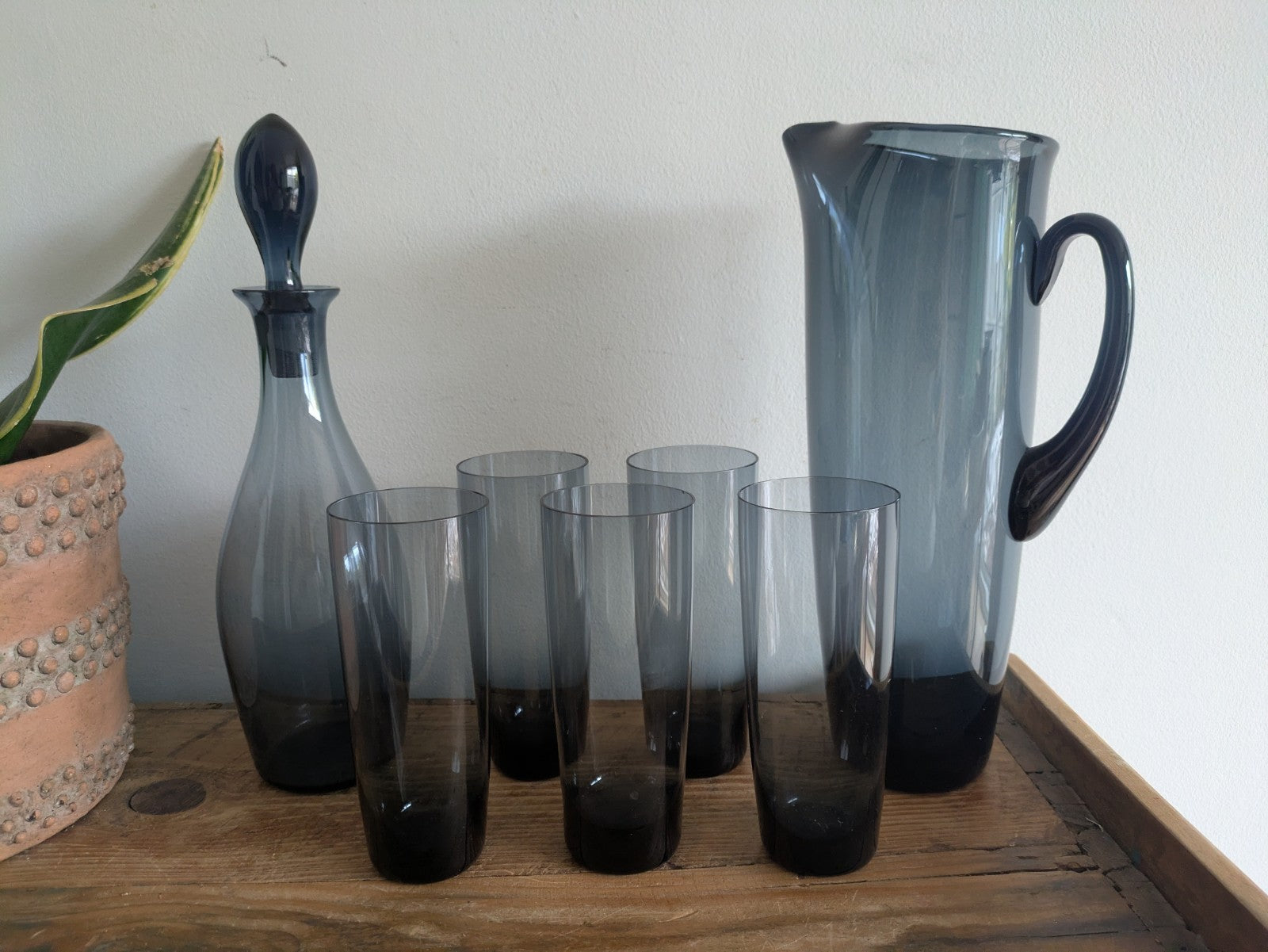 Vintage Italian Smokey Blue Decanter Pitcher Jug Glasses Hand Blown Set Mid Cent