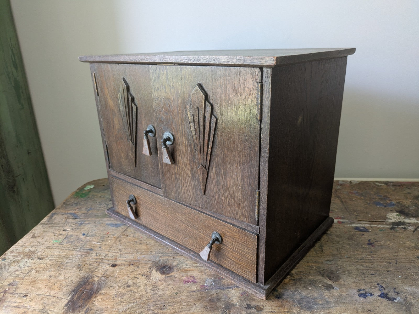 Antique Art Deco Oak Double Fronted Bathroom Wall Vtg Smokers Cabinet Medical 
