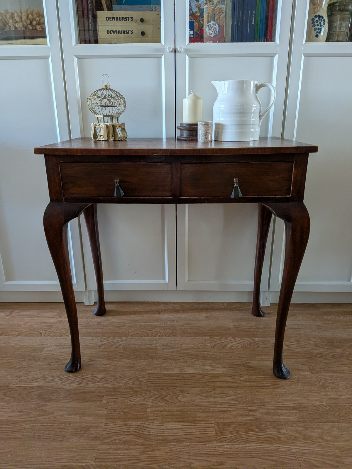 Antique Vintage Walnut Lowboy / Side Table Desk Queen Anne Cabriole Legs Veneer 