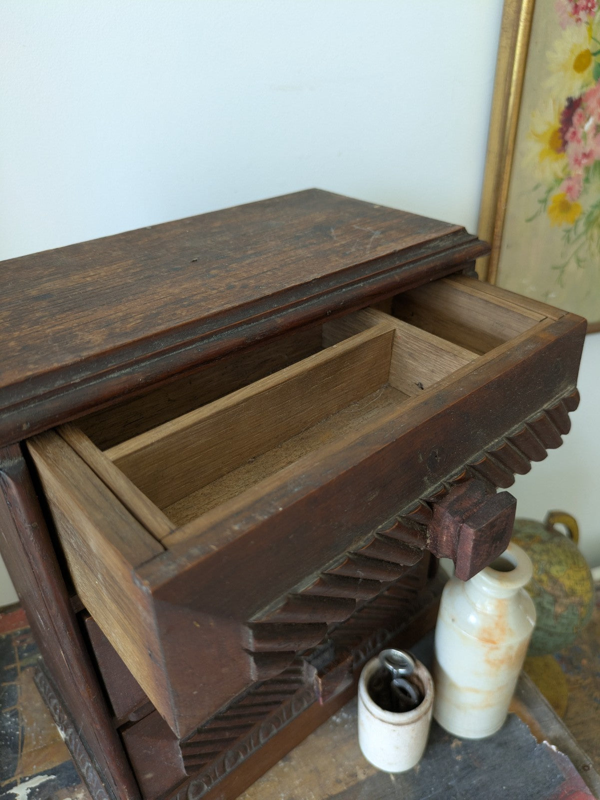 Antique 19th Century Three Drawer Table Top Drawers Carved Apprentice Art Deco 