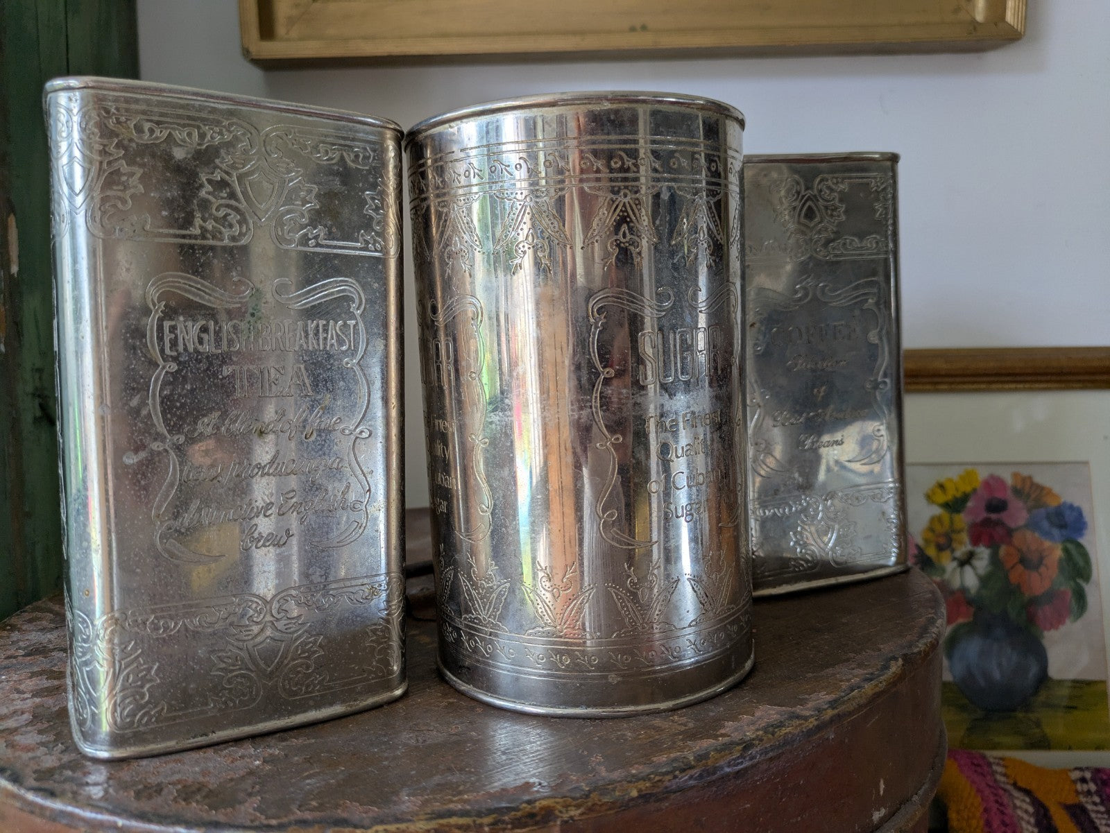 Vintage Canister Set Finest Quality Cuban Sugar, Coffee, Fine Teas Silver Metal
