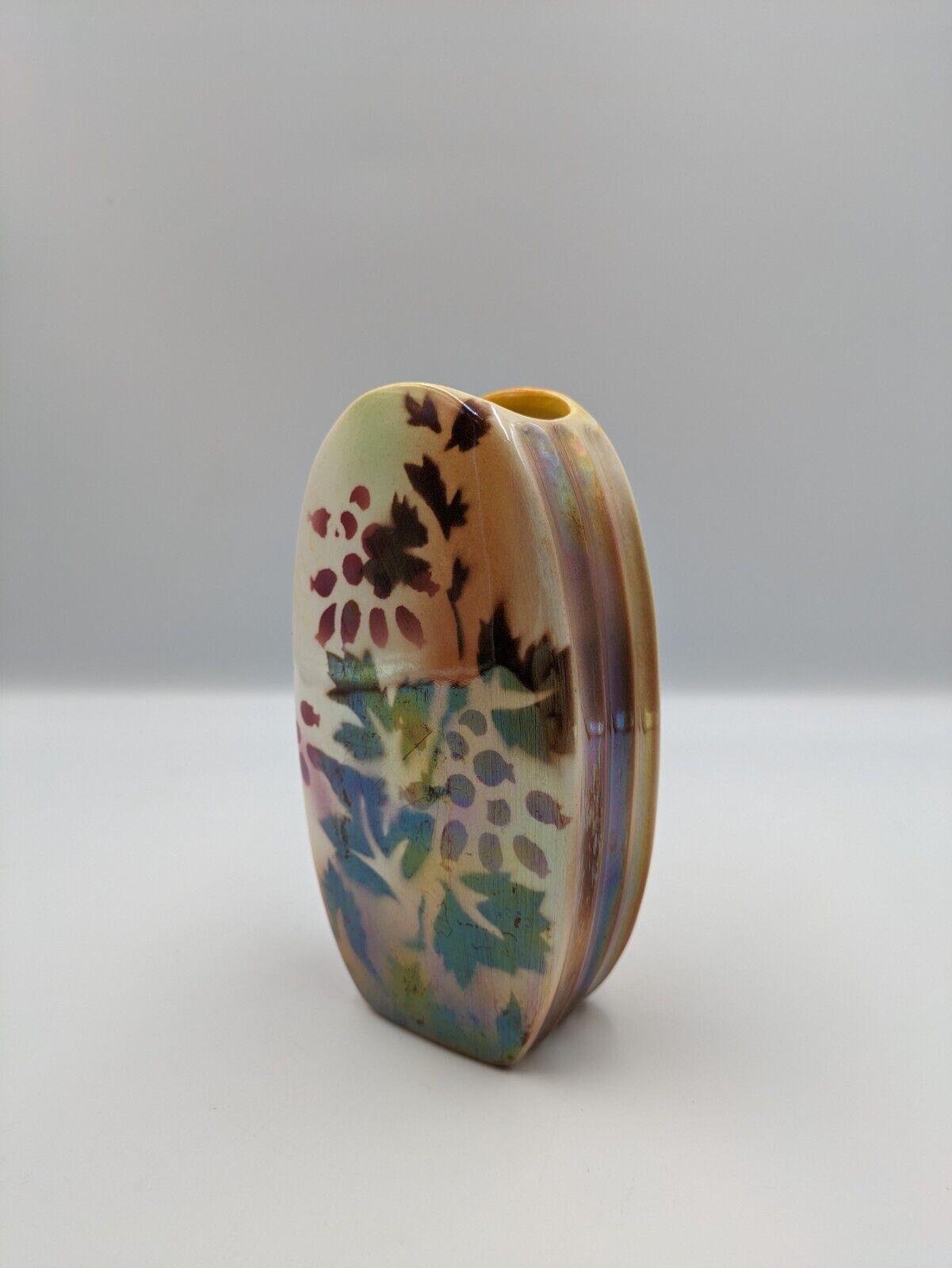 Rare Sylvac 1930s Irredescent Opelle Lustre Copper Leaf Mantle Vase flower Vtg