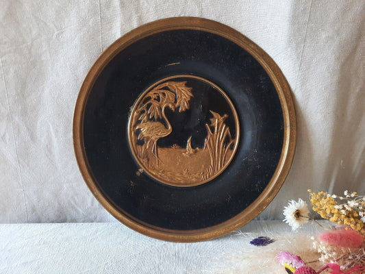 VINTAGE MID-CENTURY RETRO BRASS WALL PLATE FLAMINGO DECOR DUCK BLACK GOLD COLOUR