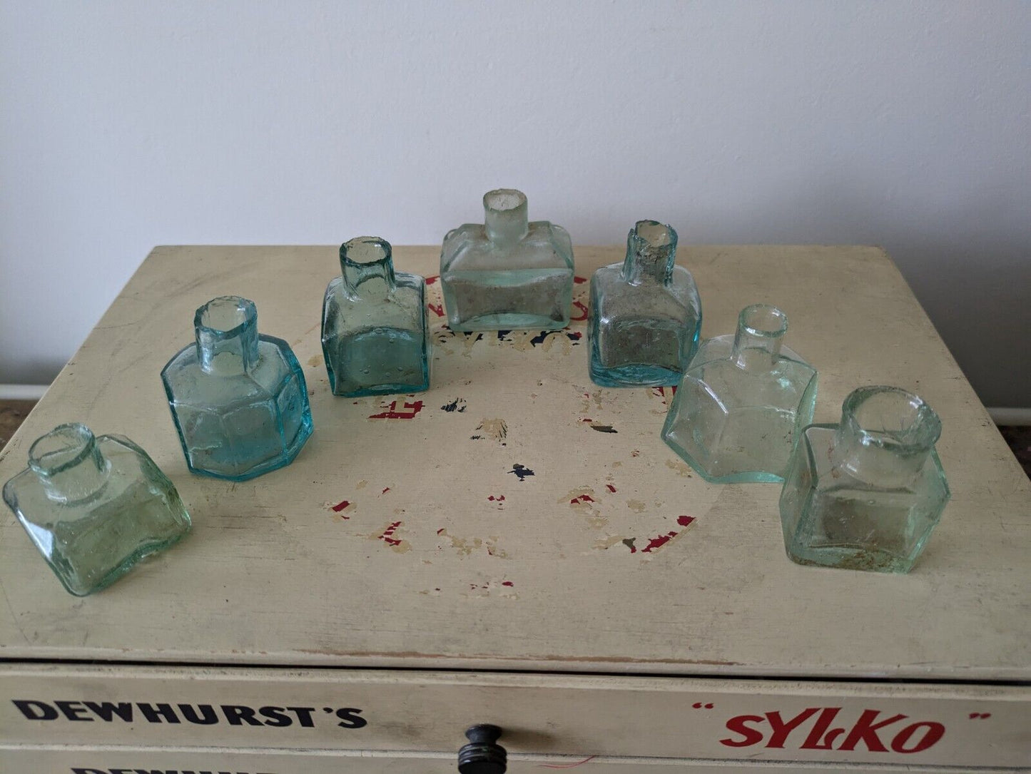 7x Antique Vintage Glass Bottles vase flower original apothecary ink old Square