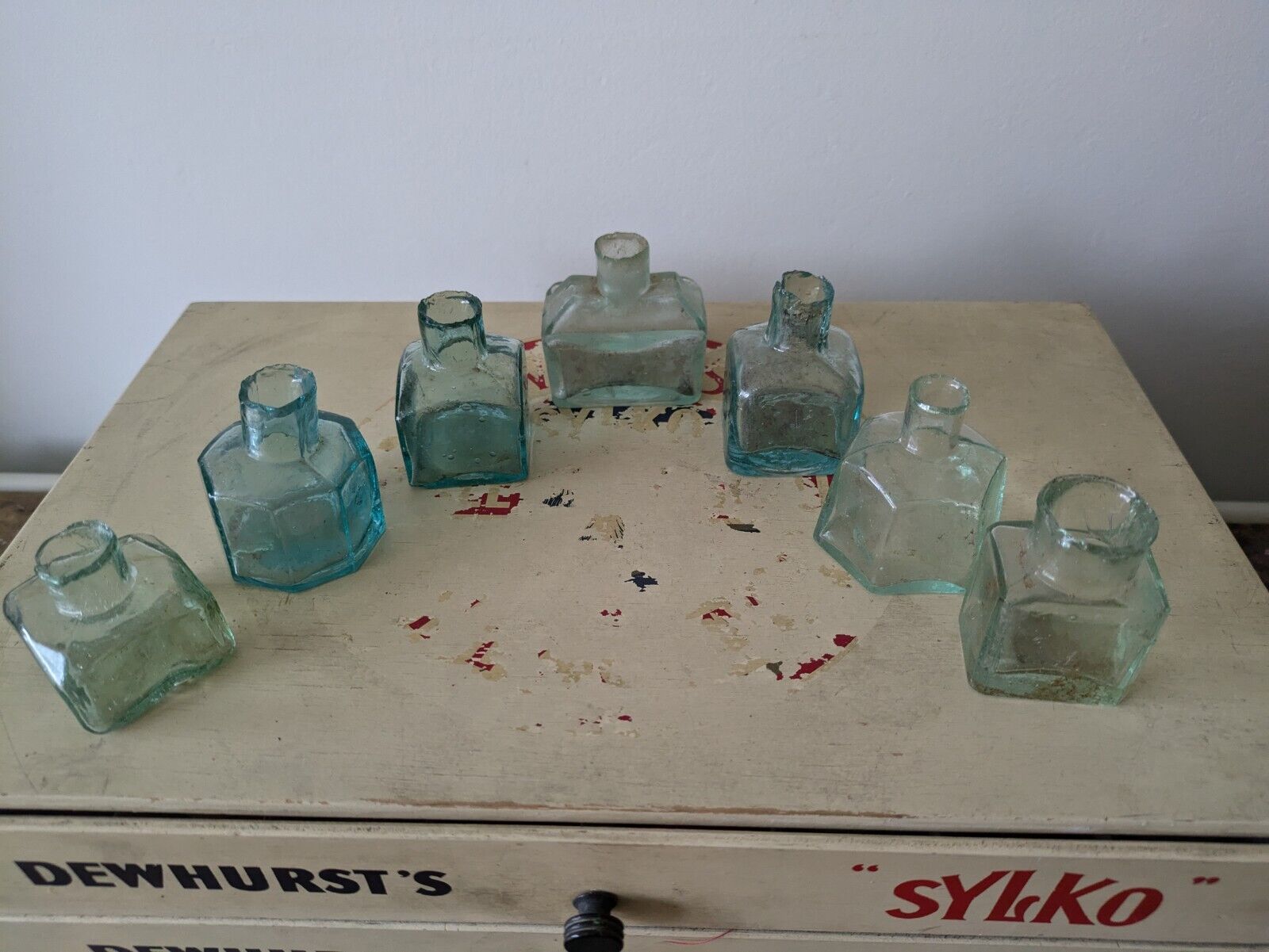 7x Antique Vintage Glass Bottles vase flower original apothecary ink old Square