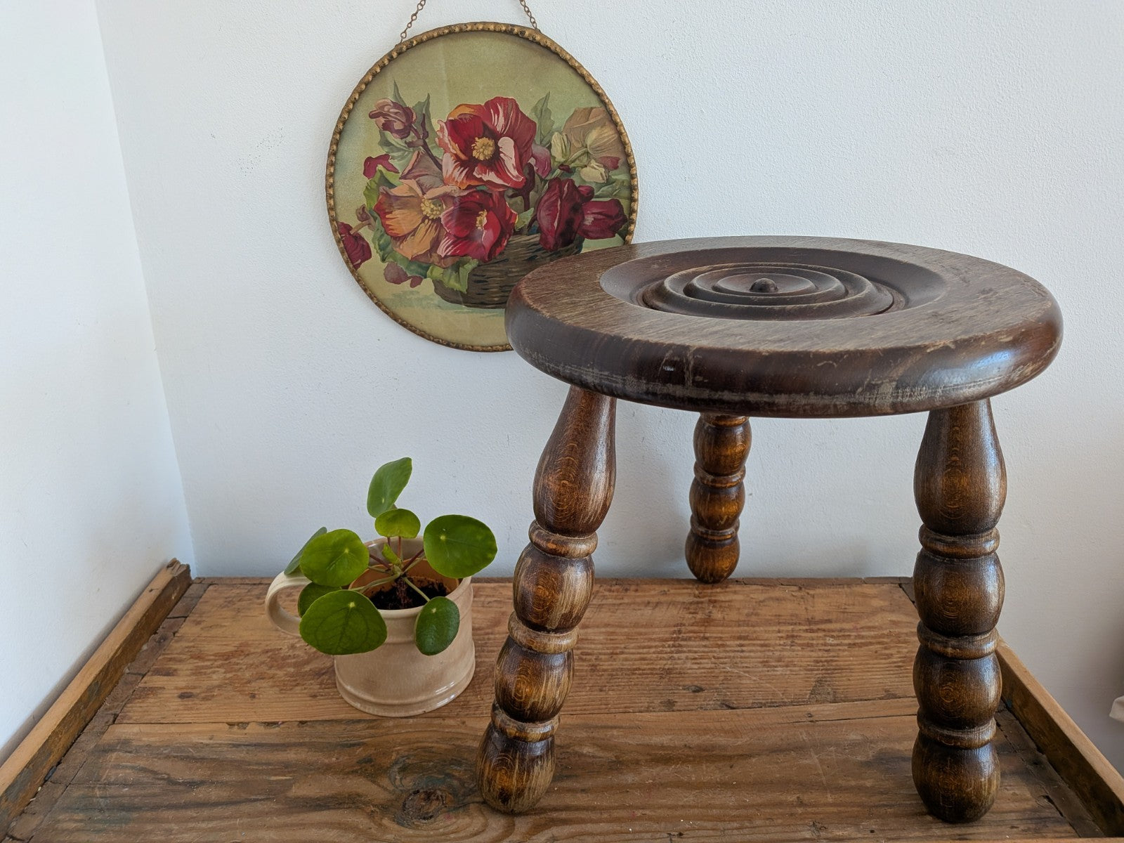 Antique Vintage French Oak Bulls Eye Round Rustic Milking Stool Plant Stand Vgc