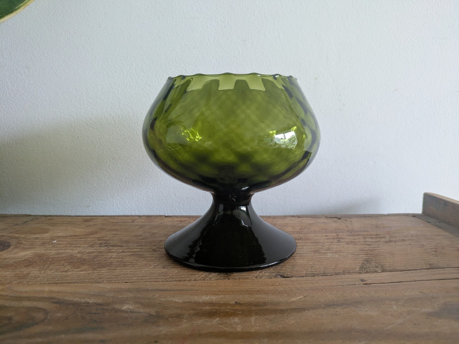 MCM Empoli Italian Brandy Snifter Green Diamond Optic Vase Hand-blown Stubby 