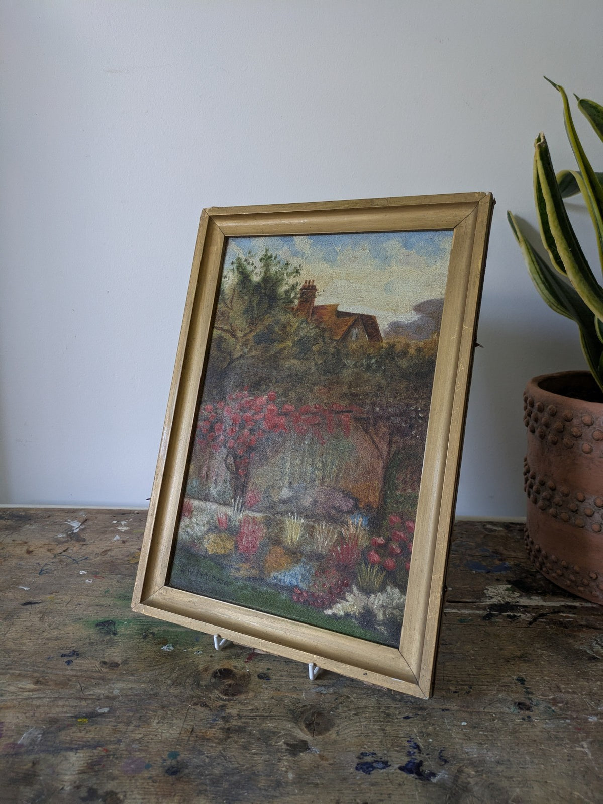 Antique Signed Painting Floral Picture Gilt Frame Vintage Cottage Garden Canvas 