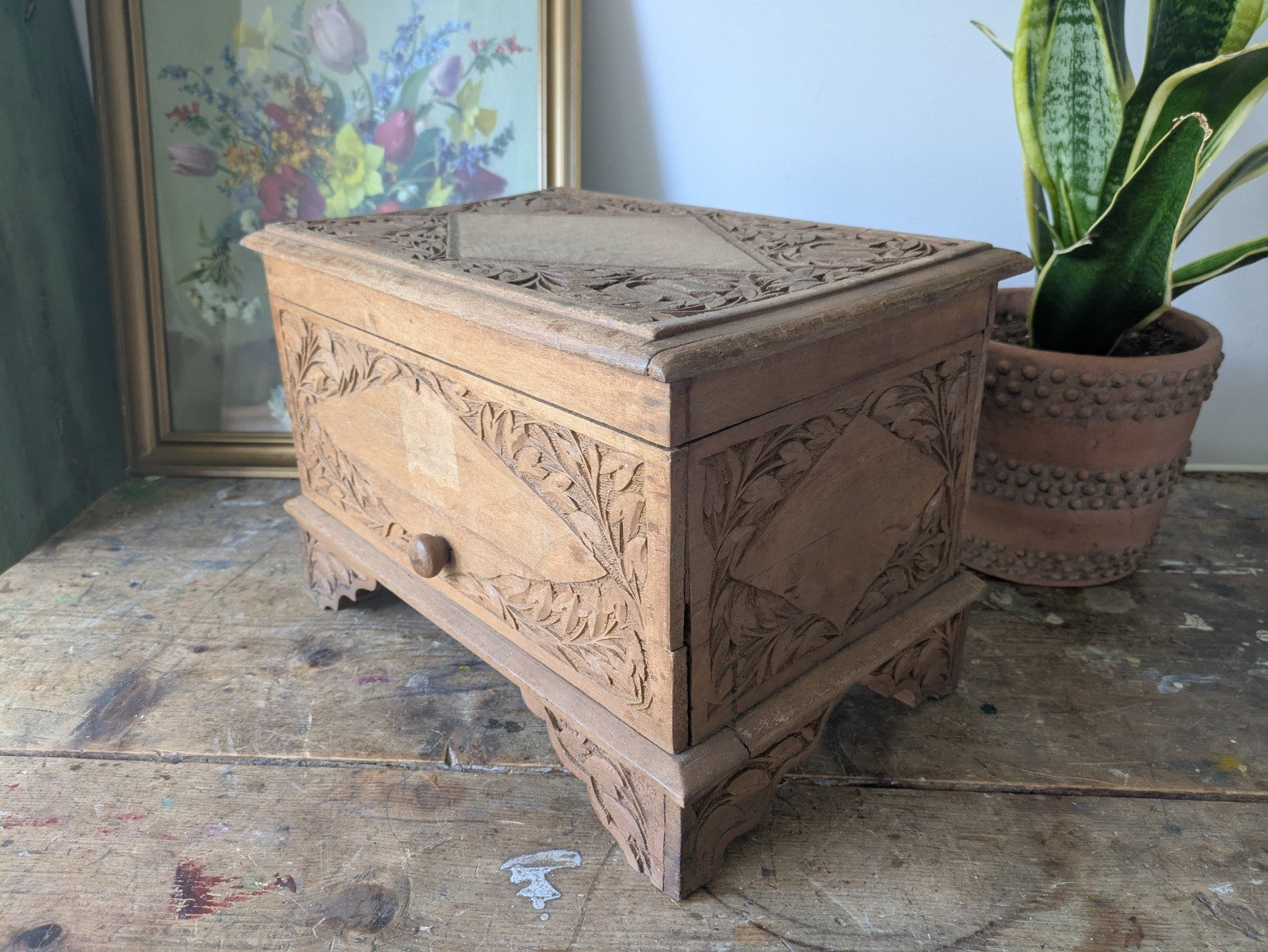 Vintage Hand Carved Indian Wooden Storage Cabinet Chest Trunk Mango Wood Box Sml