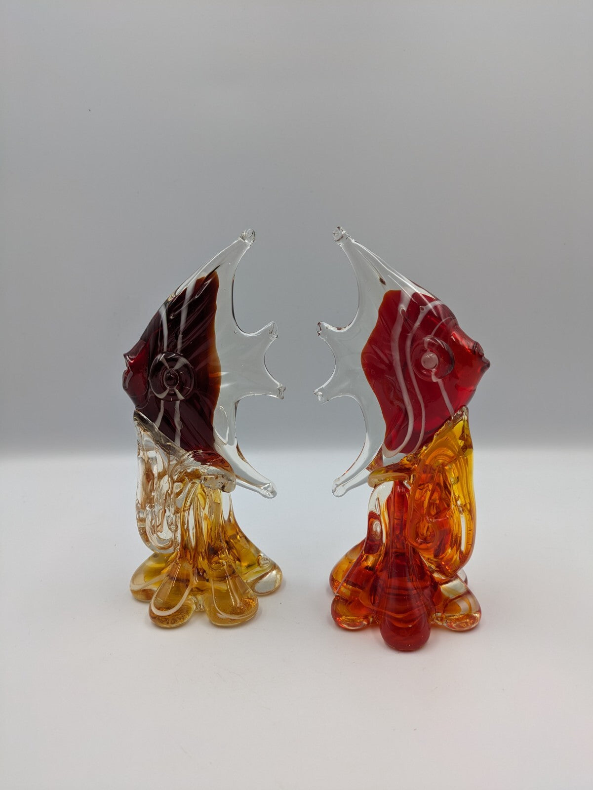 2x Glass Hand Blown Red Orange White Angel Fish Paperweight Figurine Art Deco