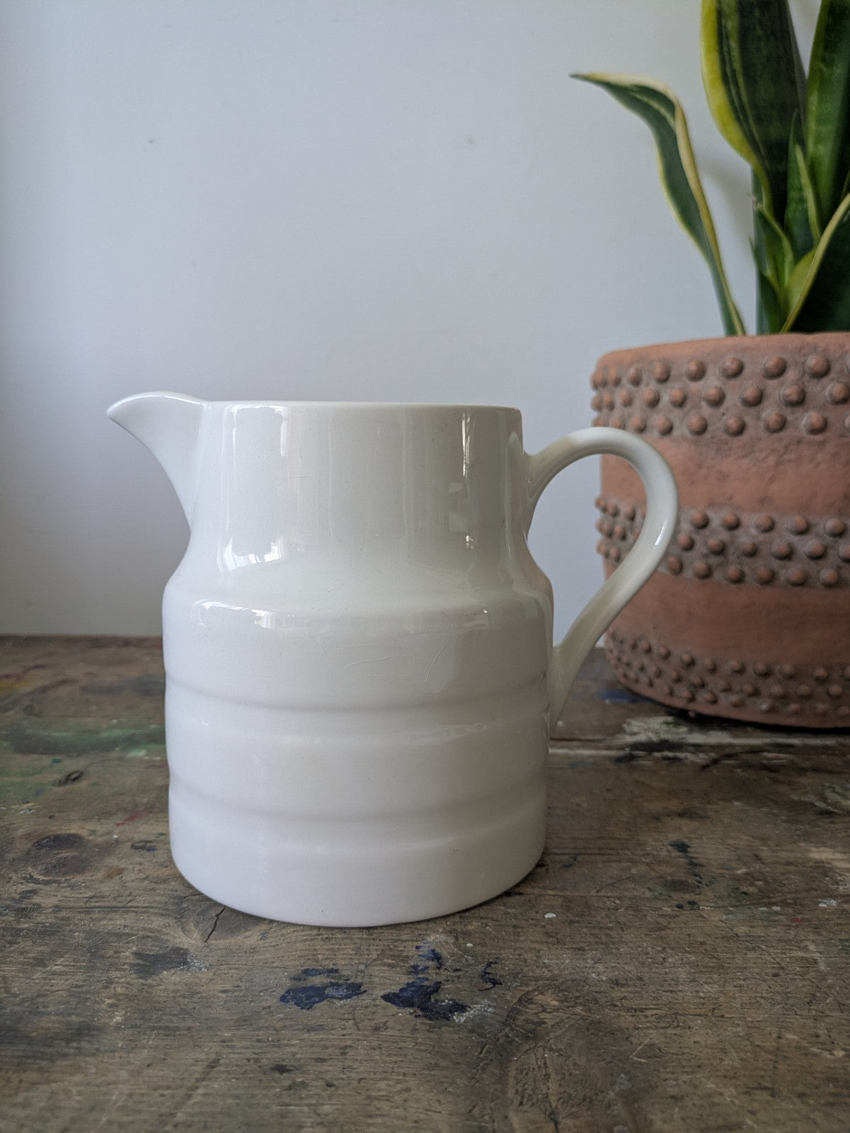 Vintage Lord Nelson Pottery White Milk Jug Pitcher Vase Rustic Farmhouse Banded 