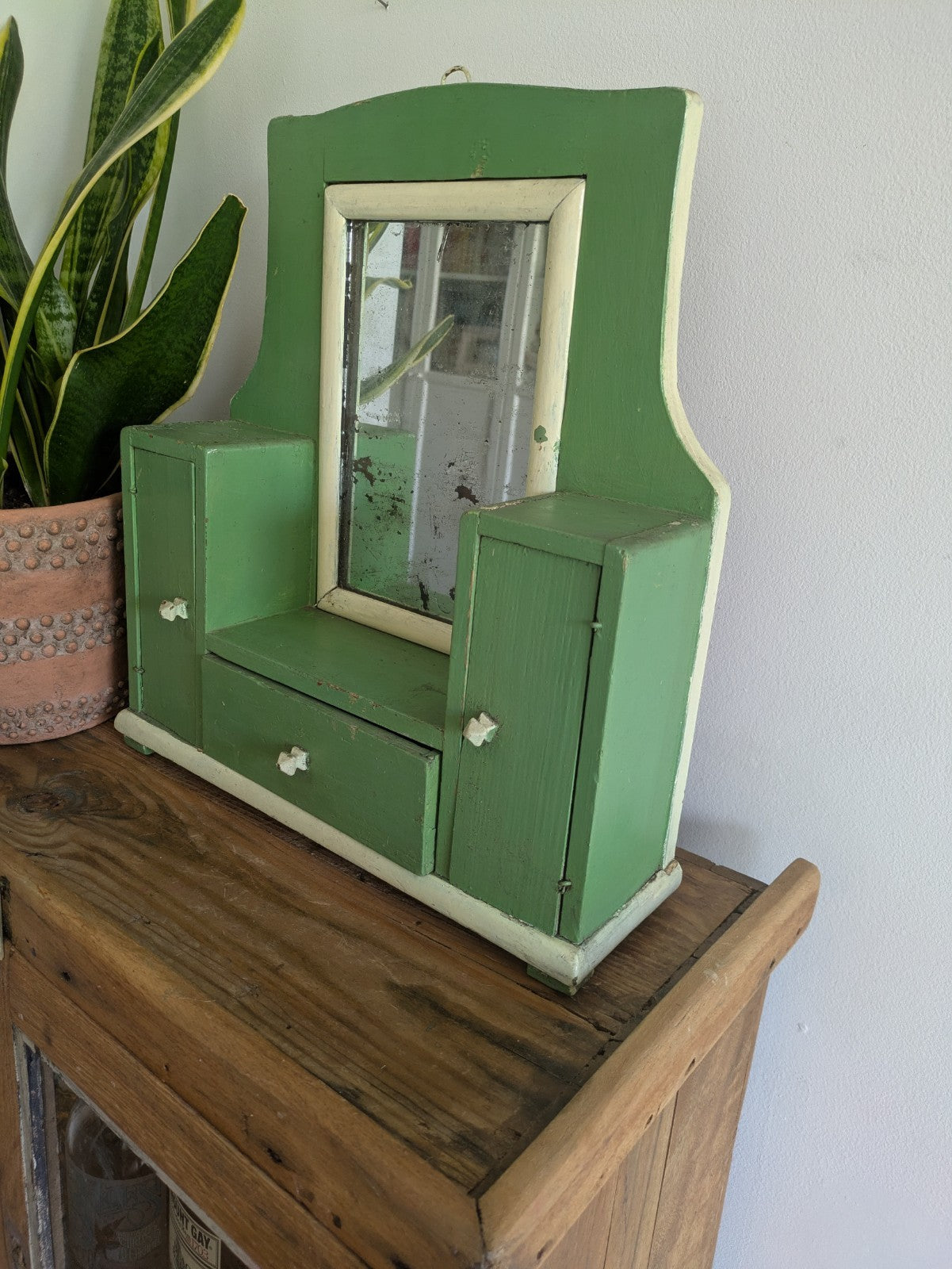 Antique Romanian Art Deco Wood Table Vanity Mirror Drawers Green Cupboard Wall