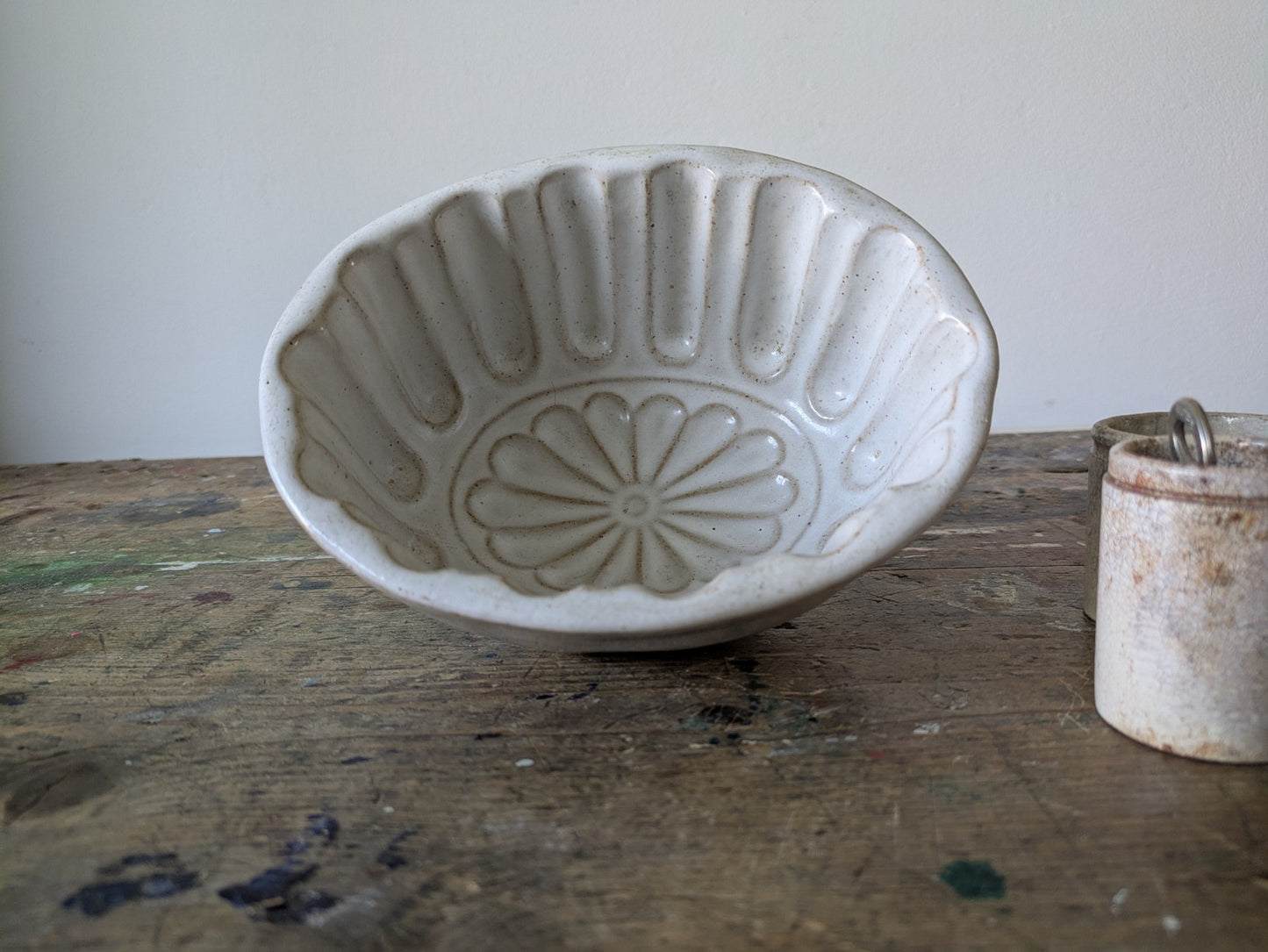 Antique Pottery Glazed Jelly Mould Oval Design White Vgc Kitchen Prop Decor Mold