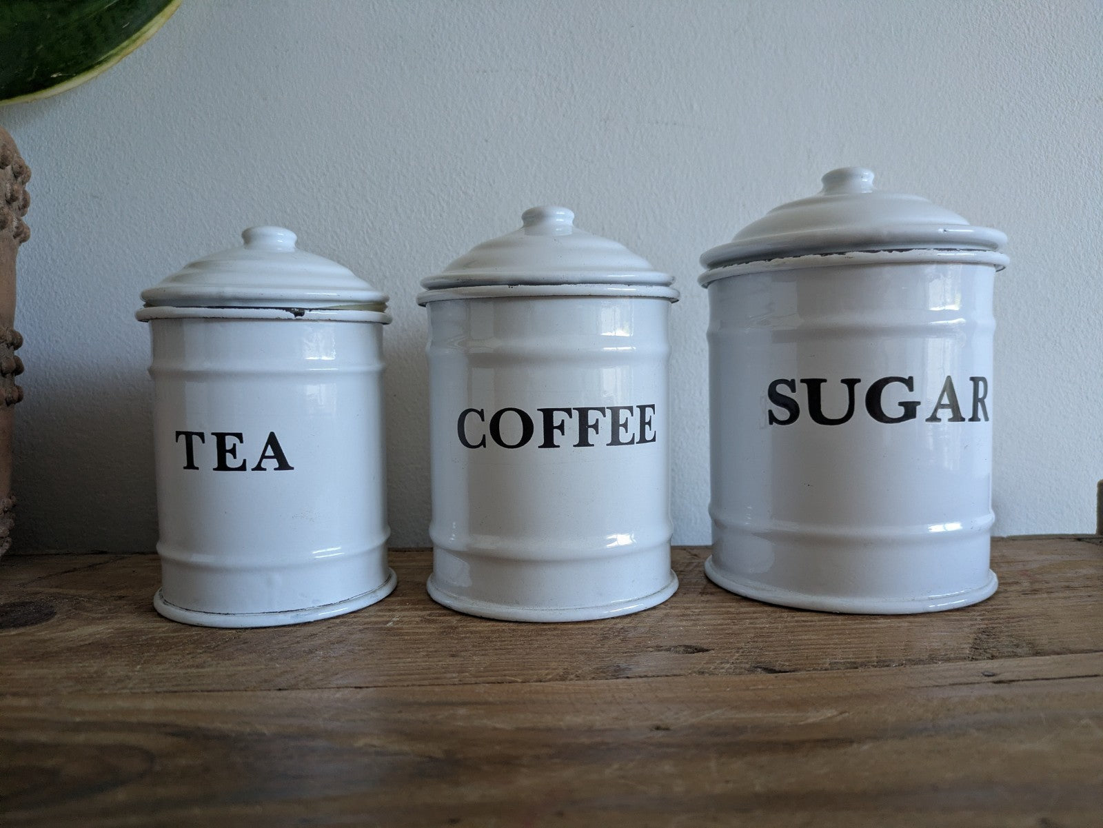 Vintage White Enamel Canisters Set Metal Tins Jars Antique Vgc Shabby Chic Clean
