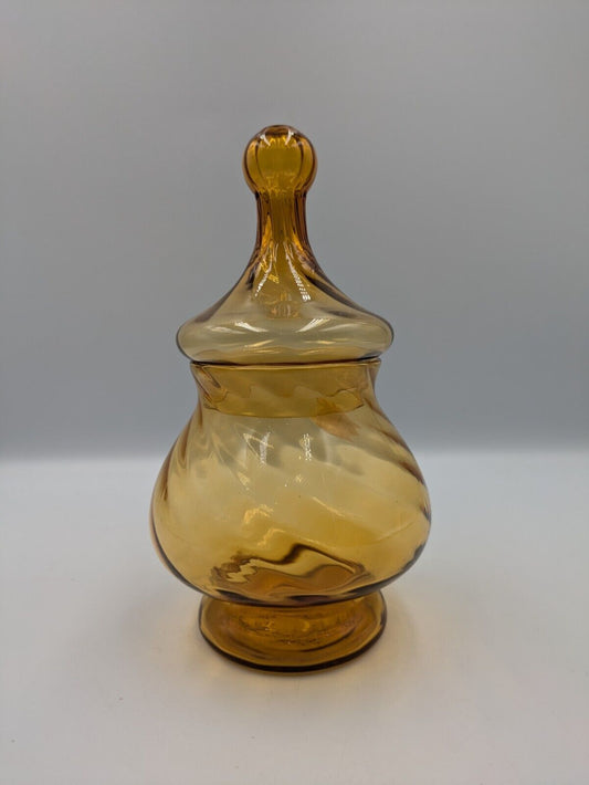 Vintage Empoli Amber Glass Circus Tent Candy Dish Optic Apothecary Jar Italy Vgc