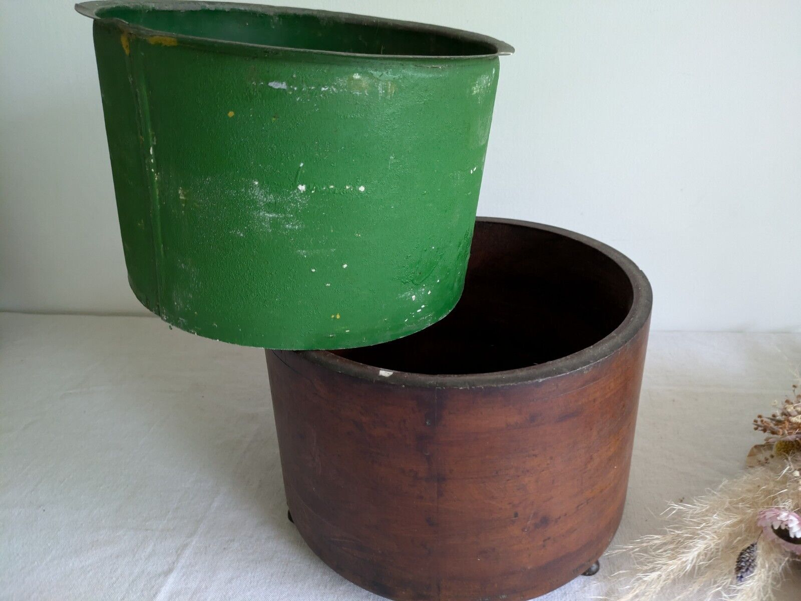 ANTIQUE BENTWOOD LINED WOOD ROUND WOODEN PLANTER PLANT POT TREEN VTG JARDINERE