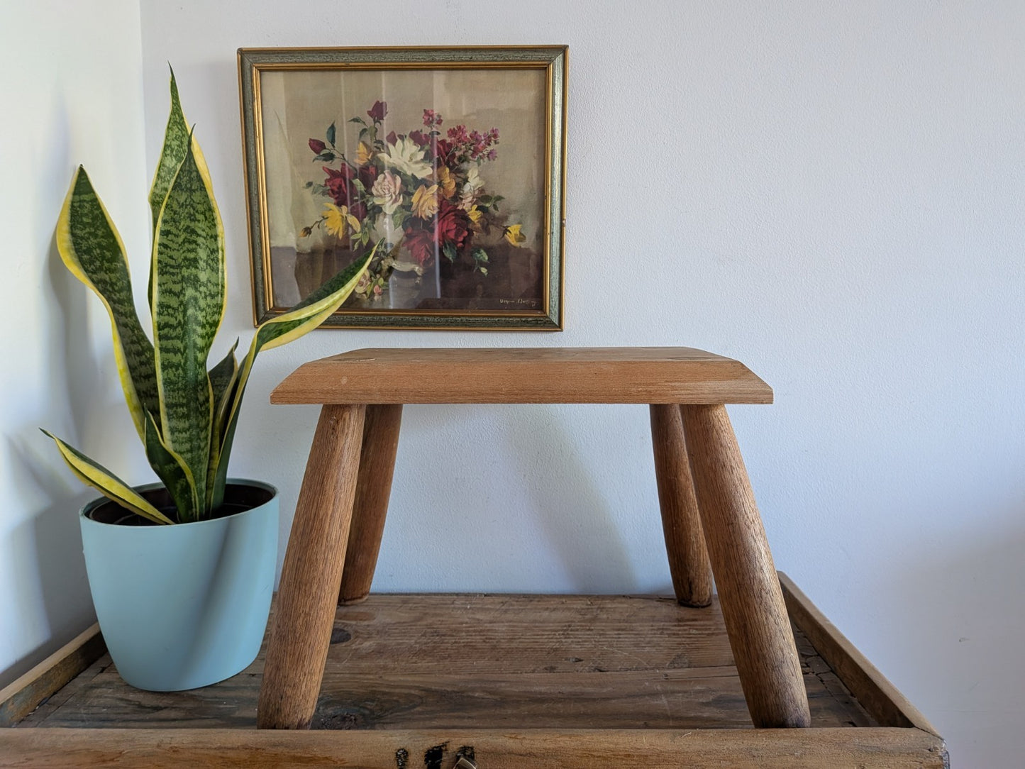 Vintage Step Stool Milk Wooden Seat Utilitarian Old Solid Chunky Leg Wood Prop 