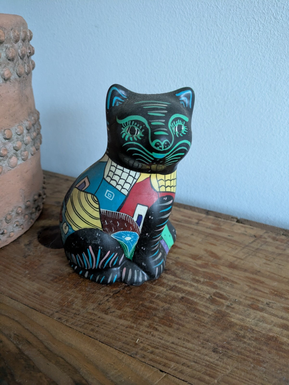 Vintage Mexican Pottery Talavera Bright Cat Figurine Folk Art Hand Painted Black