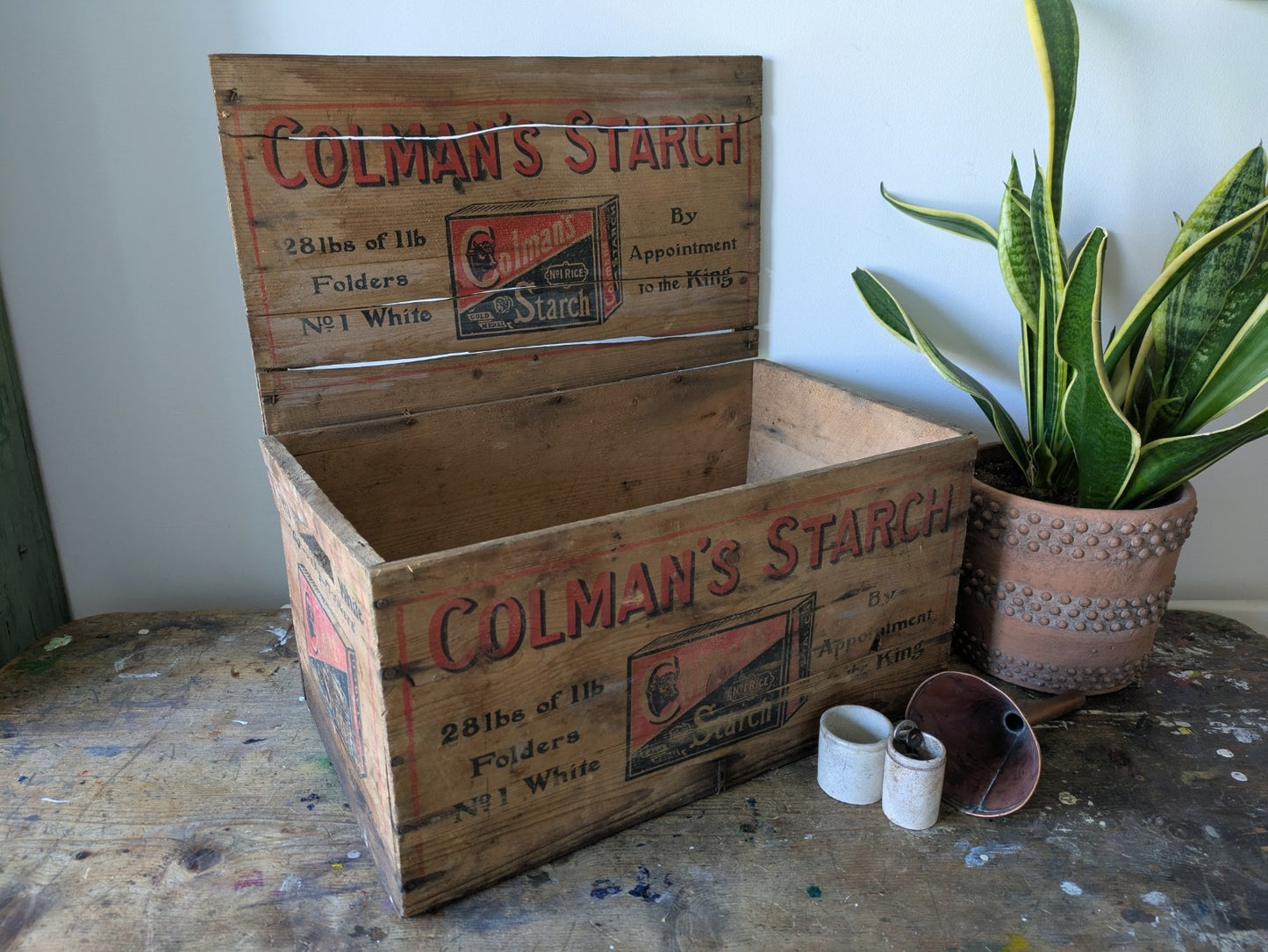 Antique Colmans Starch Printed Wooden Crate Original Large Vintage Advertising 