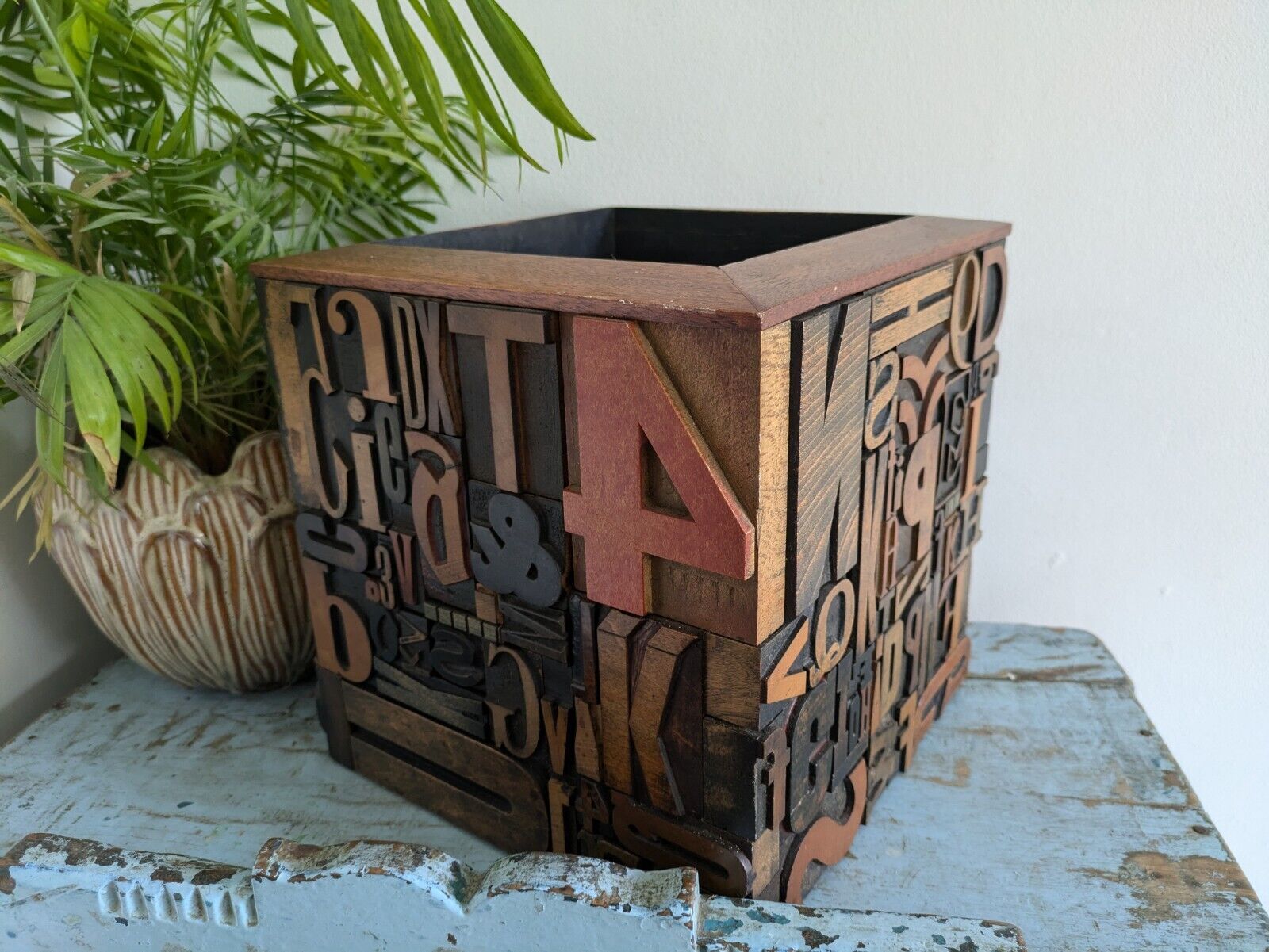 Large Vintage Antique letterpress wooden Printing Blocks Mosaic Planter Pot Bin 