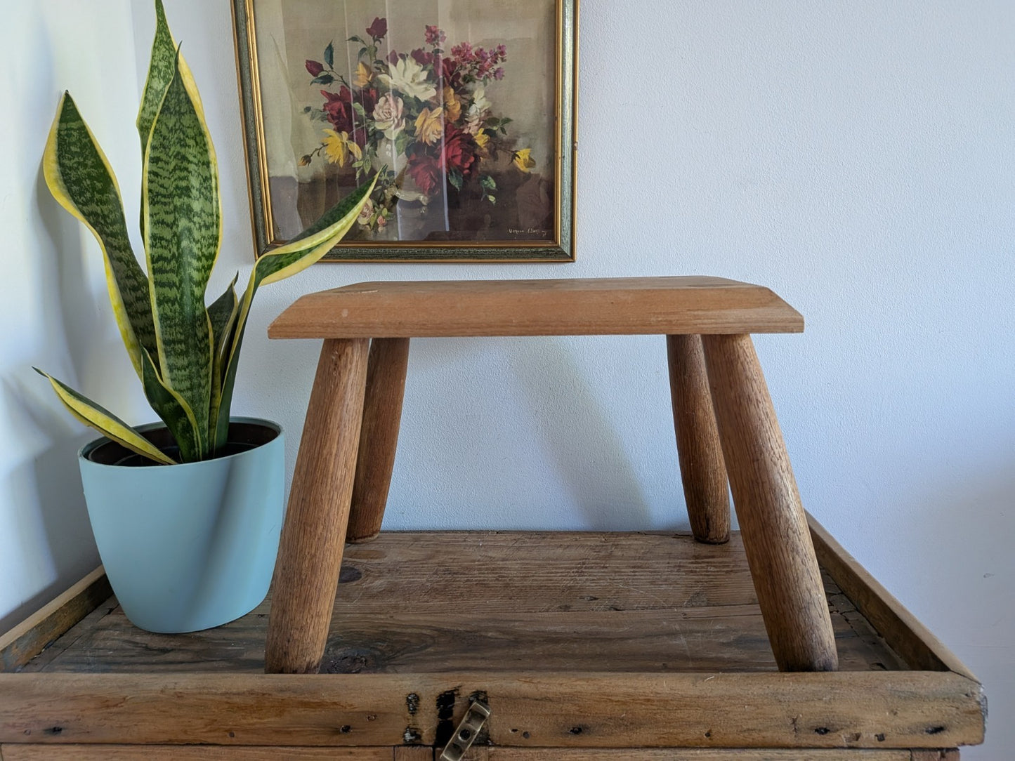 Vintage Step Stool Milk Wooden Seat Utilitarian Old Solid Chunky Leg Wood Prop 