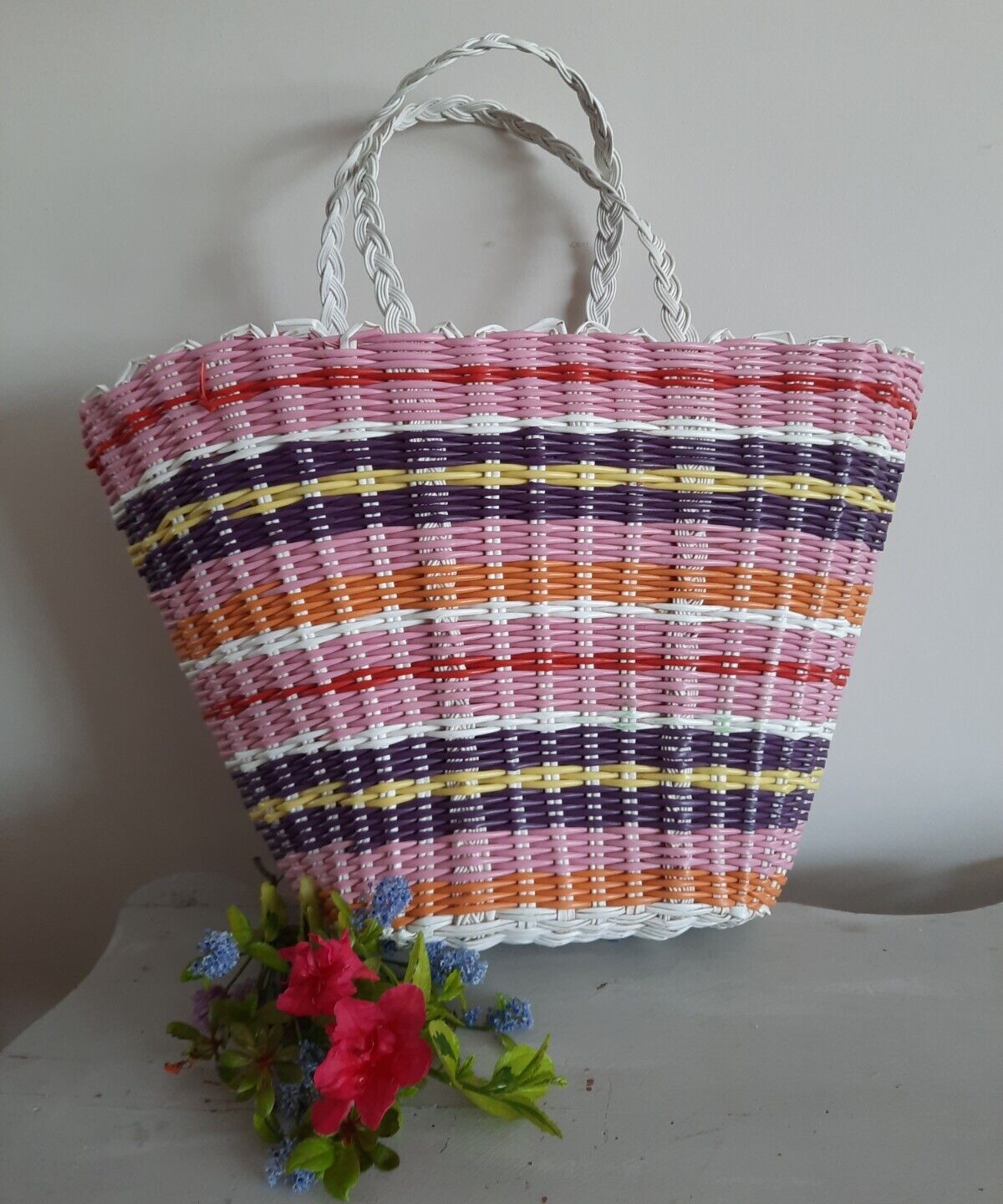 Vintage Woven retro large shopping basket flower handbag plastic bag pink stripe