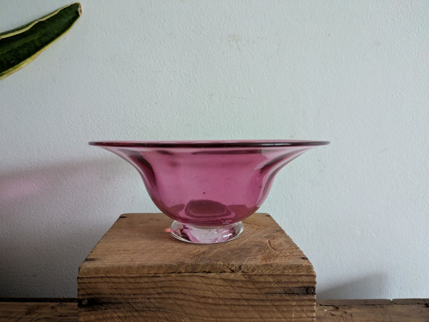 Victorian Cranberry Hand Blown Glass Bowl with Crystal Pedestal Dish Vintage Vgc