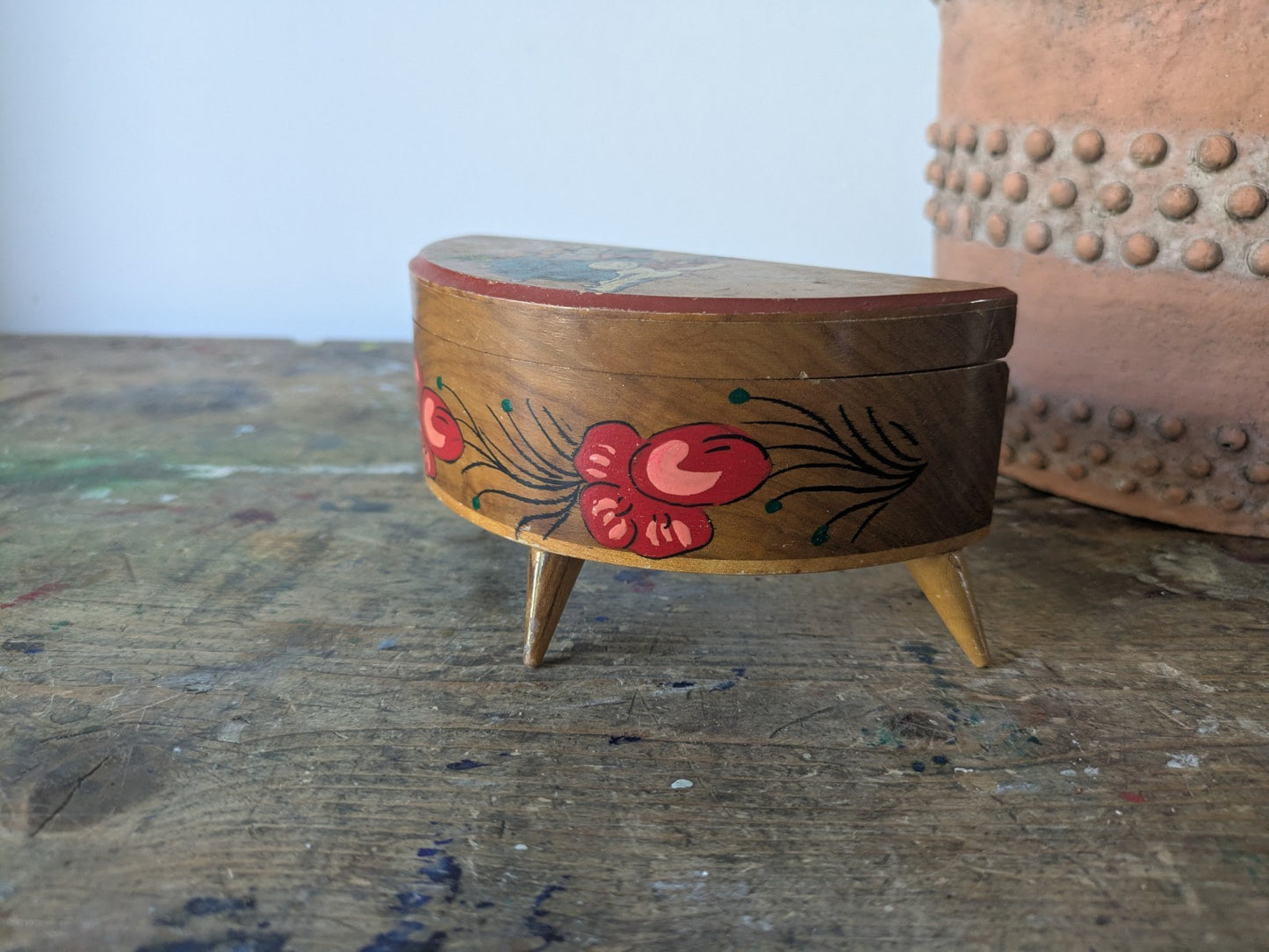 Trinket Jewelry Box Mallorca Ibiza Wood Dancers Lined Mirror Vtg Demilune Prop