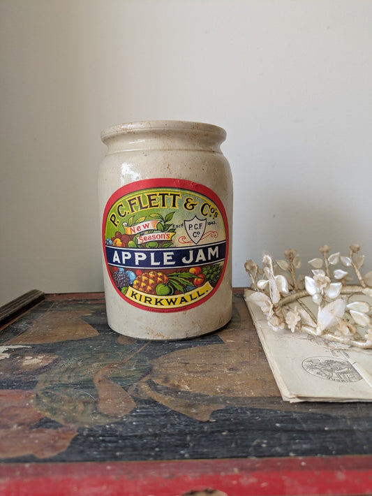 Old Antique off white Stoneware Jam Pot With Decorative Label Added Vintage Vgc