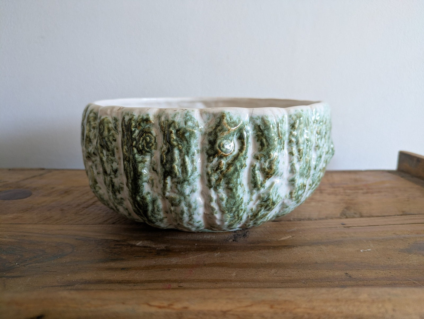 Sylvac Tree Bark Green Pottery Bowl Woodland Glaze Log Planter Vintage Mantle