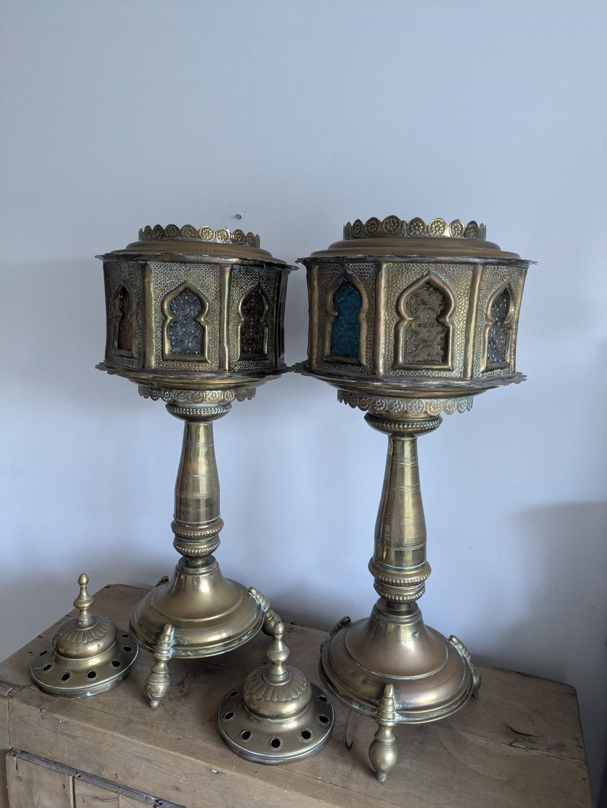 VTG Moroccan Brass Floor Lamps Stained Glass Gothic Original Pair Lights Props 