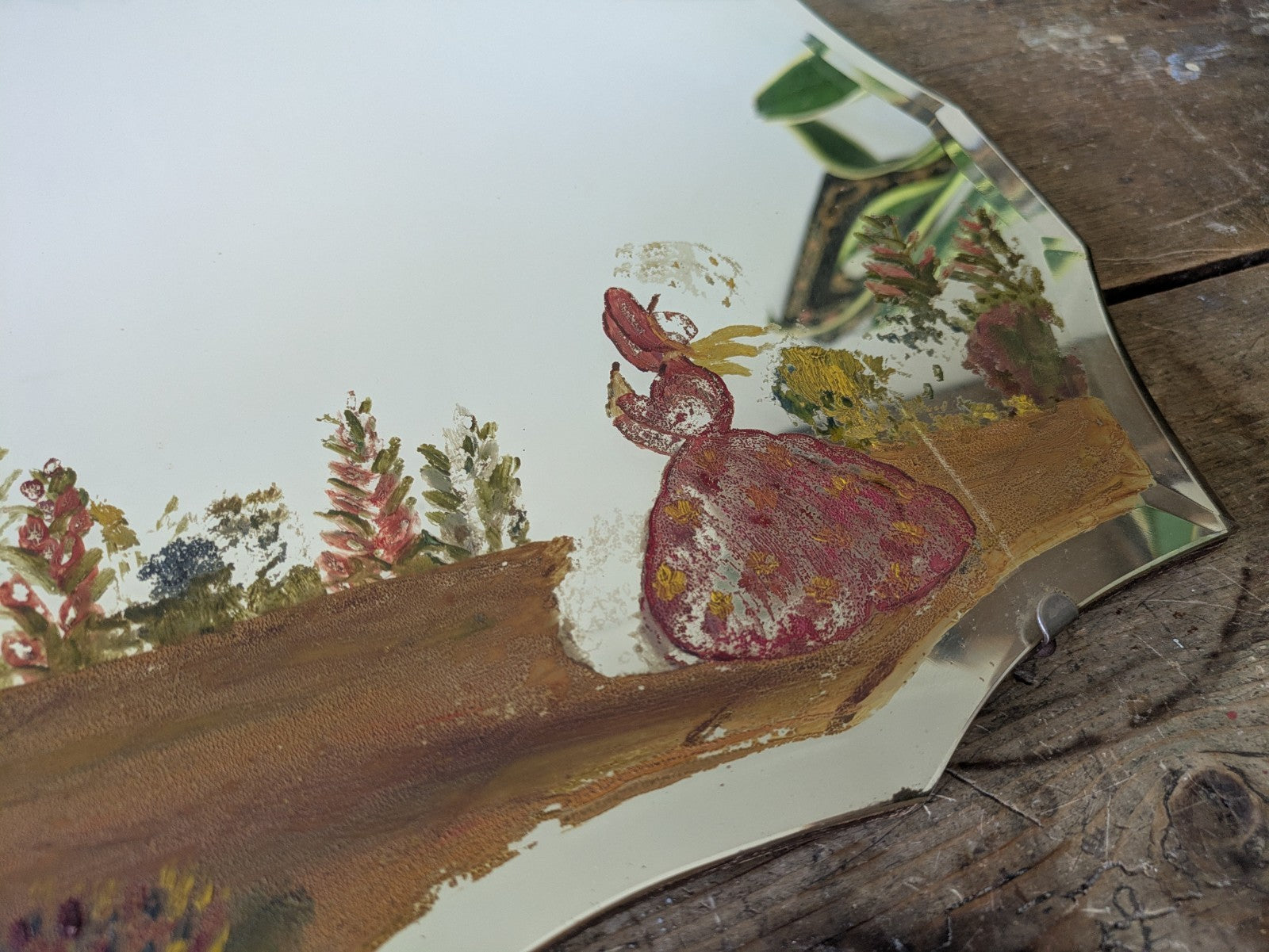 Vintage Art Deco Hand Painted Bevelled Wall Mirror Crinoline Lady Spring Garden