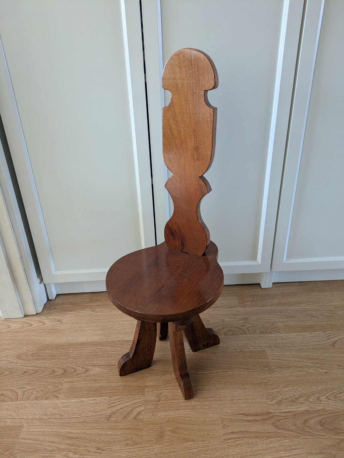Early 20th Century Wooden Carved Spinning Chair Three Leg Tripod Child's Antique