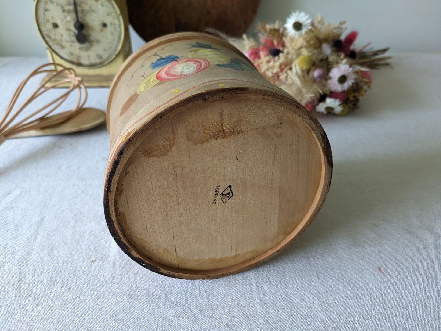 Vtg Canister Set Fruit Wood Rustic Farm House Utensil Decor Bentwood Rare Pots