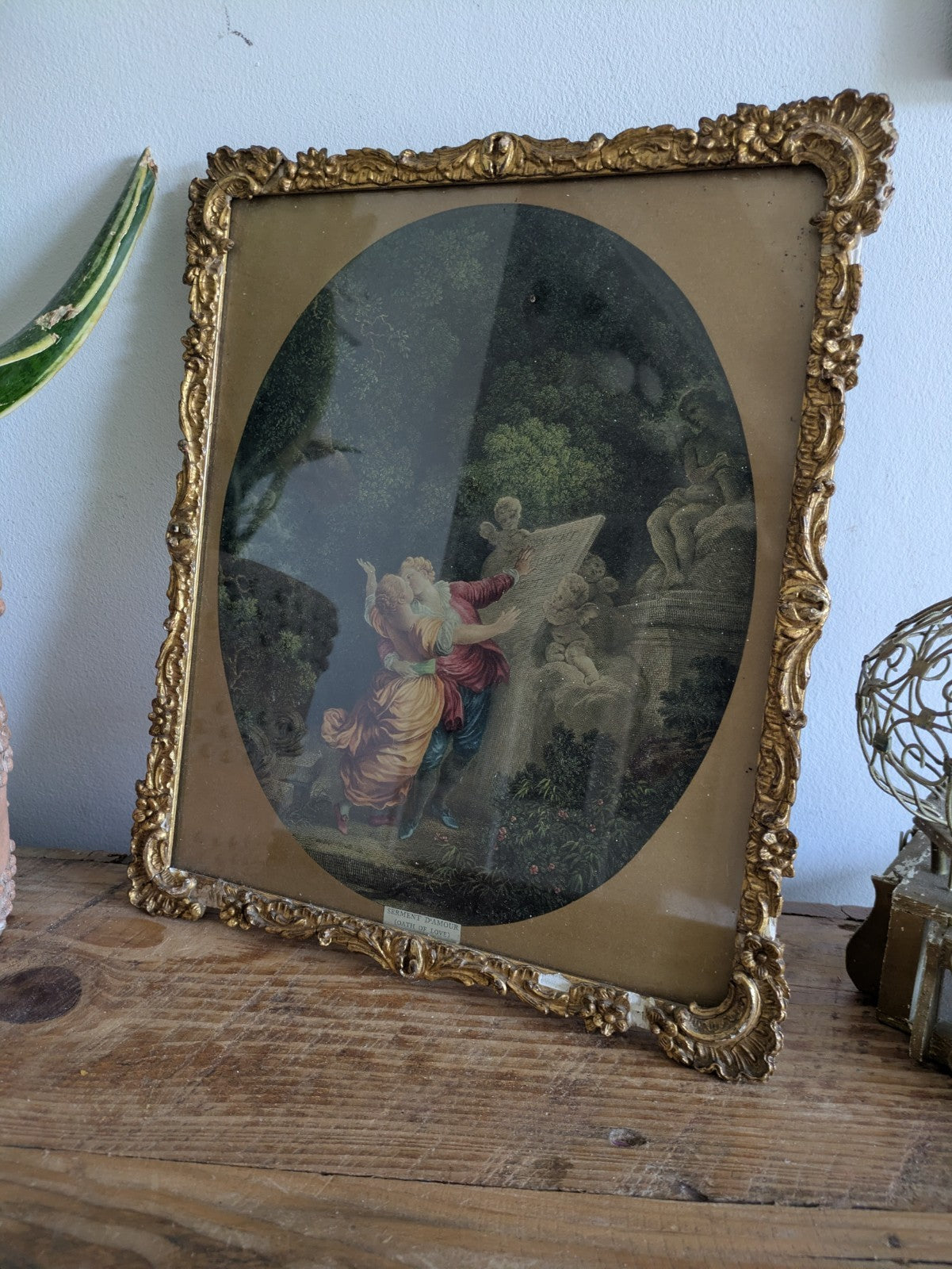Antique 19th Cent Colored Engraving Le Serment d'Amour  The Lover's Oath Framed 