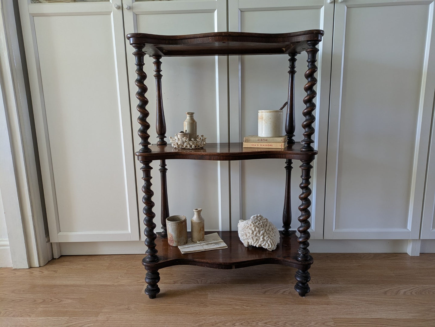 Antique Victorian Whatnot Mahogany Shelves Barley Twist Turned Legs Bookcase 