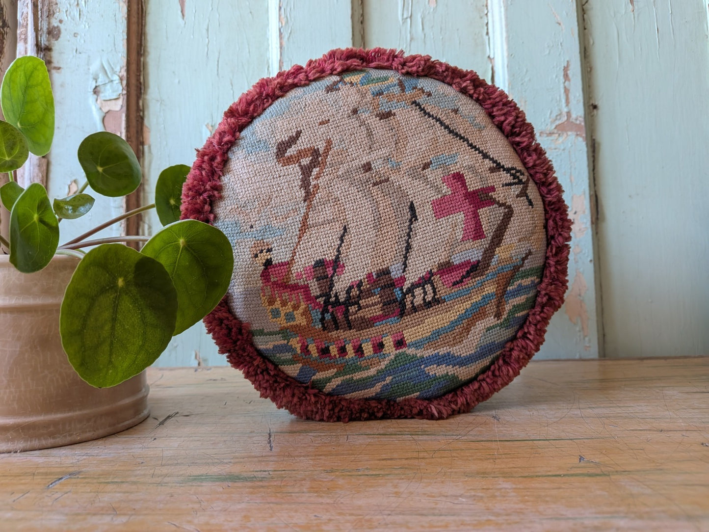 Victorian Tripod Needlepoint Foot Stool Ship Sailing Seat Tapestry Antique Vtg
