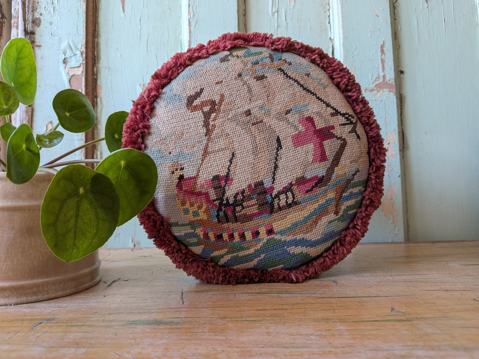Victorian Tripod Needlepoint Foot Stool Ship Sailing Seat Tapestry Antique Vtg