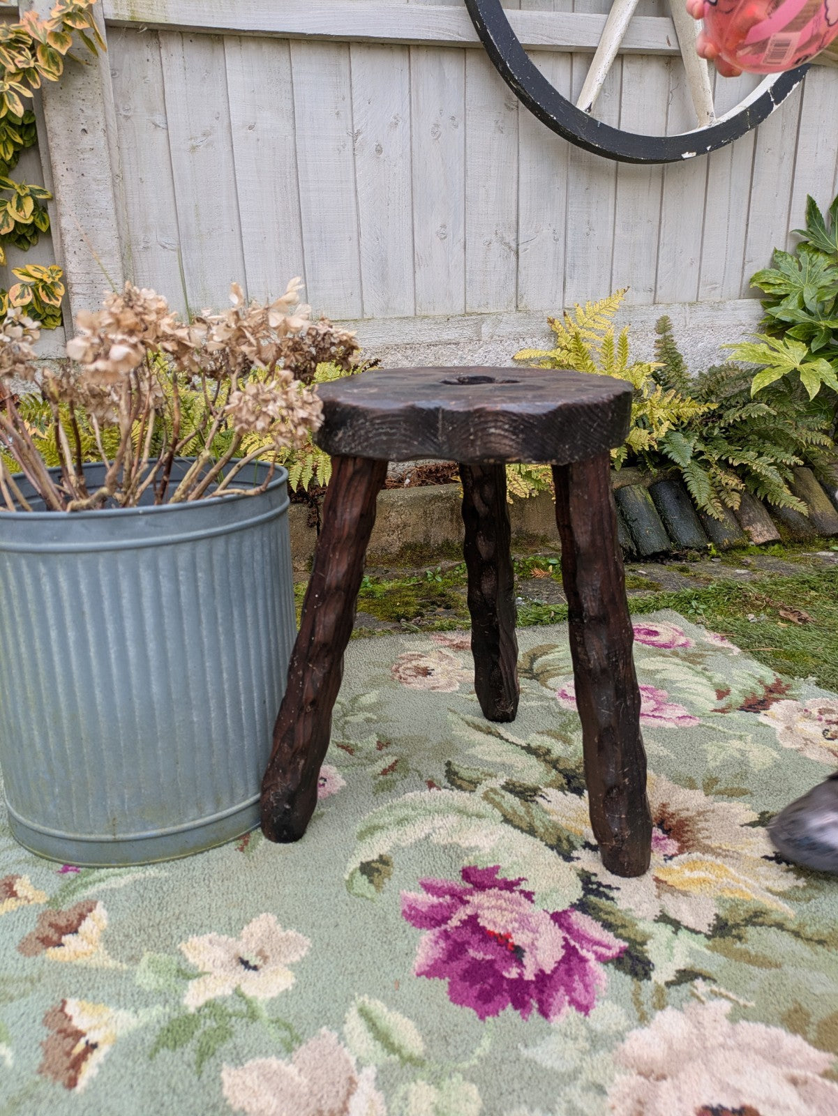 Vtg Hand Carved Stool Campaign Brutalist Screw Leg Wooden Milking Tripod Seat