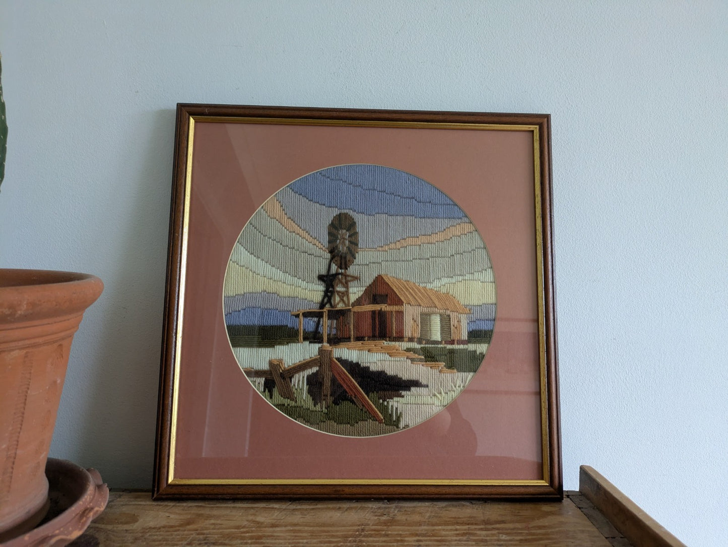 Vintage 1980s Embroidery Long Stitch Tapestry Picture Boho Wind Turbine Farm 