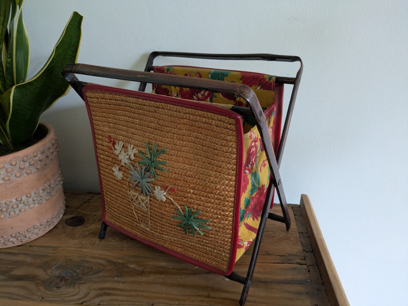 Vintage Folding Sewing Bamboo Woven Applique Magazine Tiki Rack Newspaper Basket