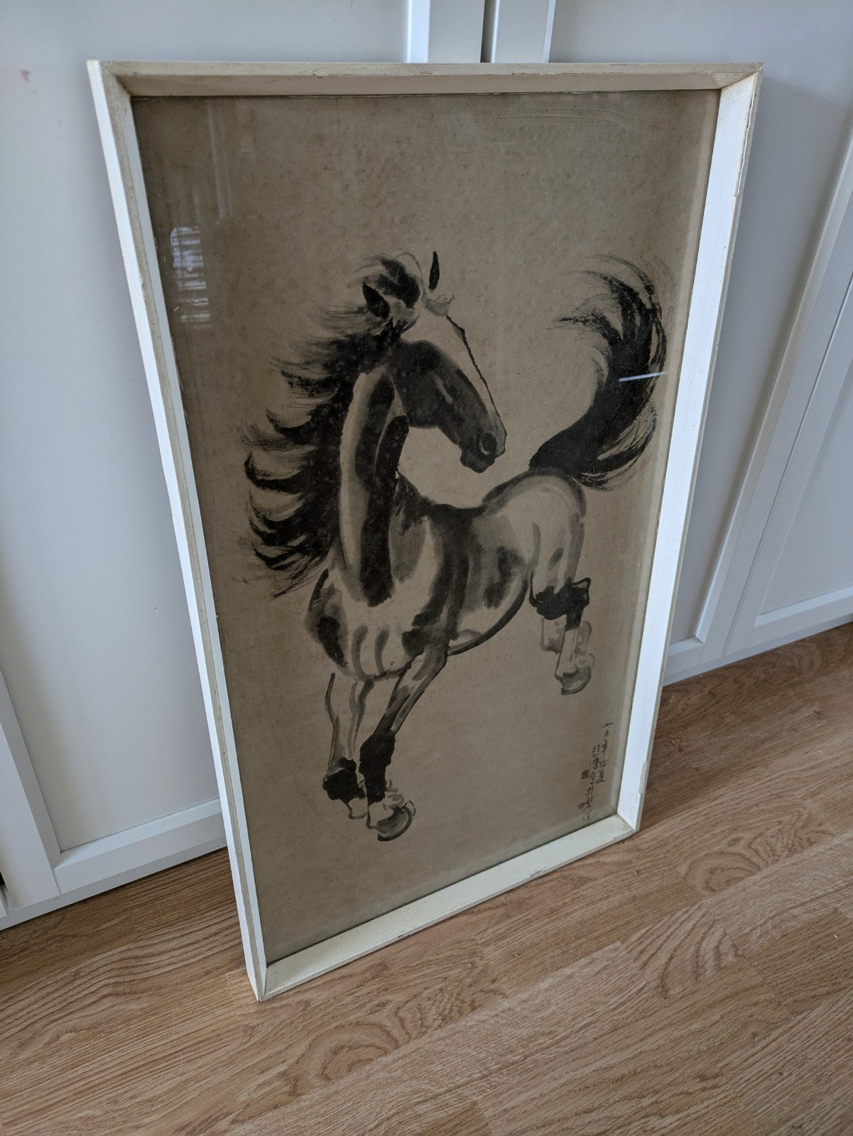 Mcm Large Vintage 1950s Framed Xu Beihong Print Chinese Galloping Horse Ink Old