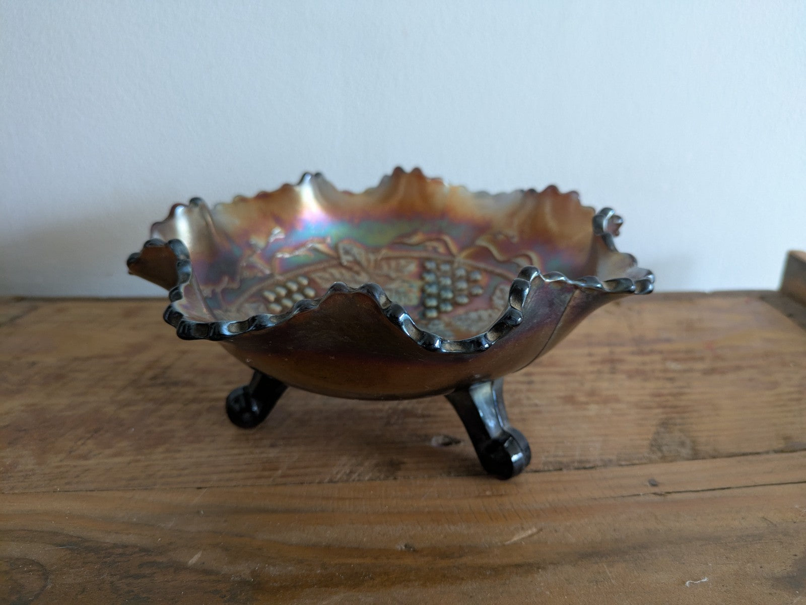 Fenton Grape & Cable Amethyst Iridescent Carnival Glass Three Legged Bowl Lustre