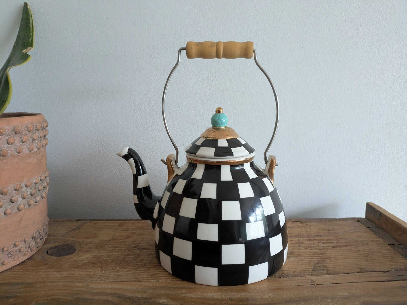 China Blue Tip Black And White Checkered Teapot With Lid MacKenzie Child Style