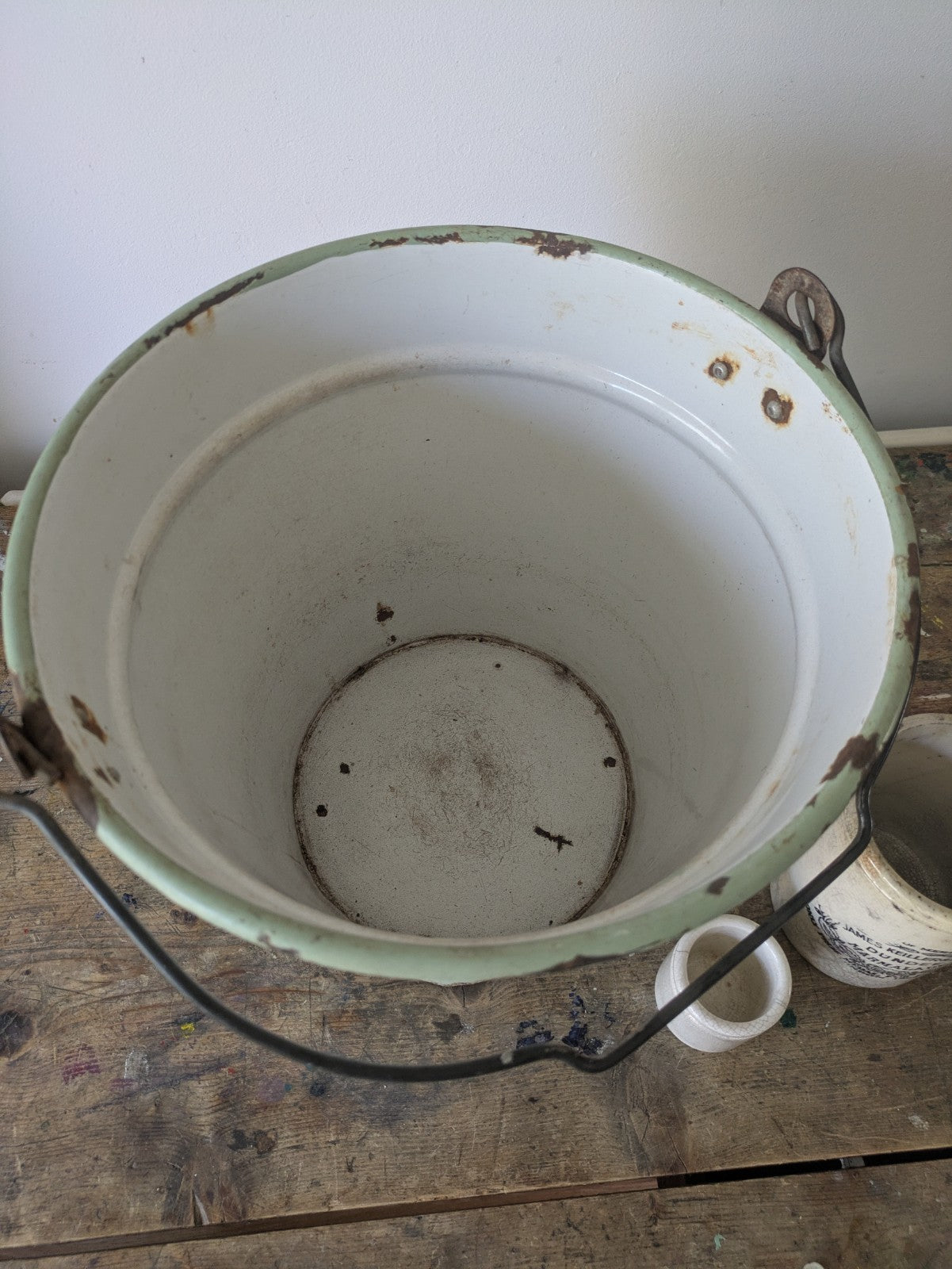 Antique White Enamel Floral Hungarian Bucket Prop Vintage Pail Garden Laundry Vg