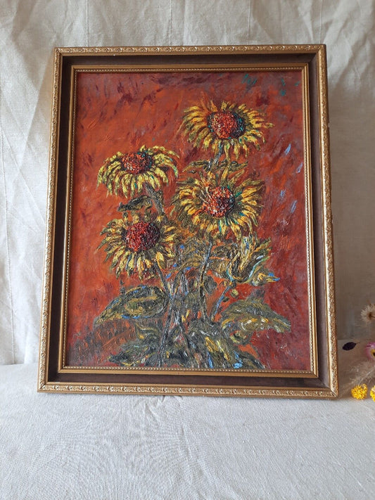 Large Original Vintage 1970s Still Life Of Sunflowers Oil On Board Painting Rare